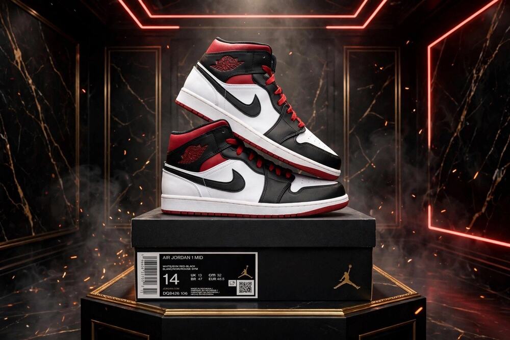 Size 14 - Jordan 1 Mid Black Gym Red DQ8426-106 White Red Black DS